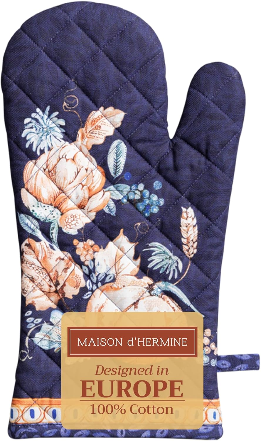 Maison d' Hermine Oven Gloves 100% Cotton Oven Mitt 7" x 13" with Loop Heat Resistant BBQ Cooking Gloves for Thanksgiving Christmas Decorations Baking Handling Hot Pans (Pack of 1, Pumpkin Blues)