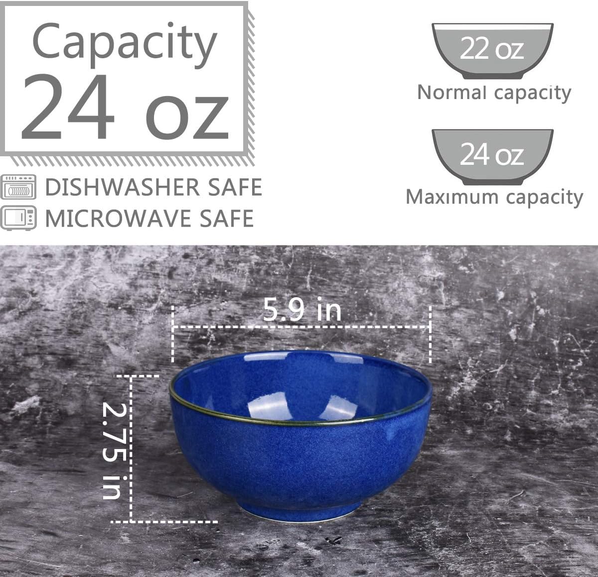 Bosmarlin Ceramic Soup Bowl Set of 4, 24 Oz, Cereal Bowl for Oatmeal, Dishwasher and Microwave Safe (5.75 Inches, Royal blue)
