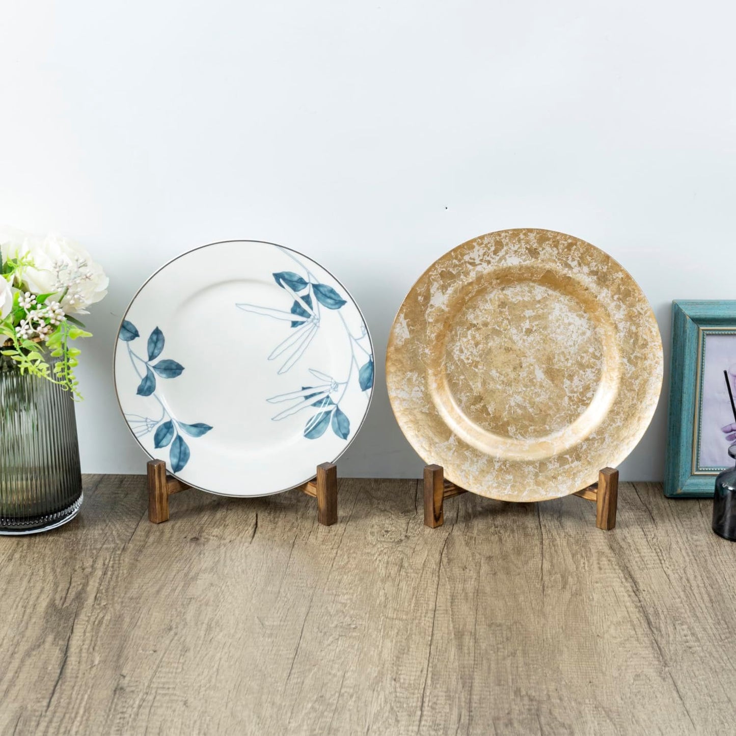 MyGift 11 Inch Plate Display Stands, Rustic Burnt Solid Wood Tabletop Racks for Collectible Plates or Saucers, Folding Picture Frame Holder Easels, Set of 2