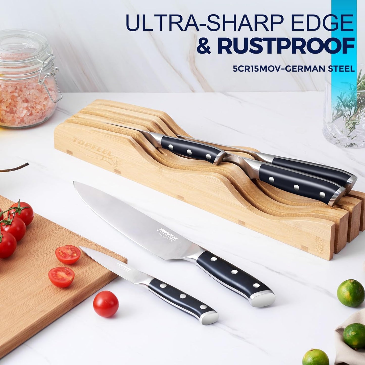 6Pcs Kitchen Knife Set with In-Drawer Bamboo Knife Organizer- 3.5-8 Inch Set Kitchen Knives German High Carbon Stainless Steel Sharp Knife, Knives Set for Kitchen with Ergonomic Handle