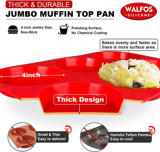 Walfos Silicone Muffin Top Pans for Baking 4inch Jumbo Size, Perfect Results Premium Non-Stick Bakeware Egg Baking Pan, Great for Eggs, Hamburger Bun, Muffin Top and More, Food Grade & BPA Free, 2pcs