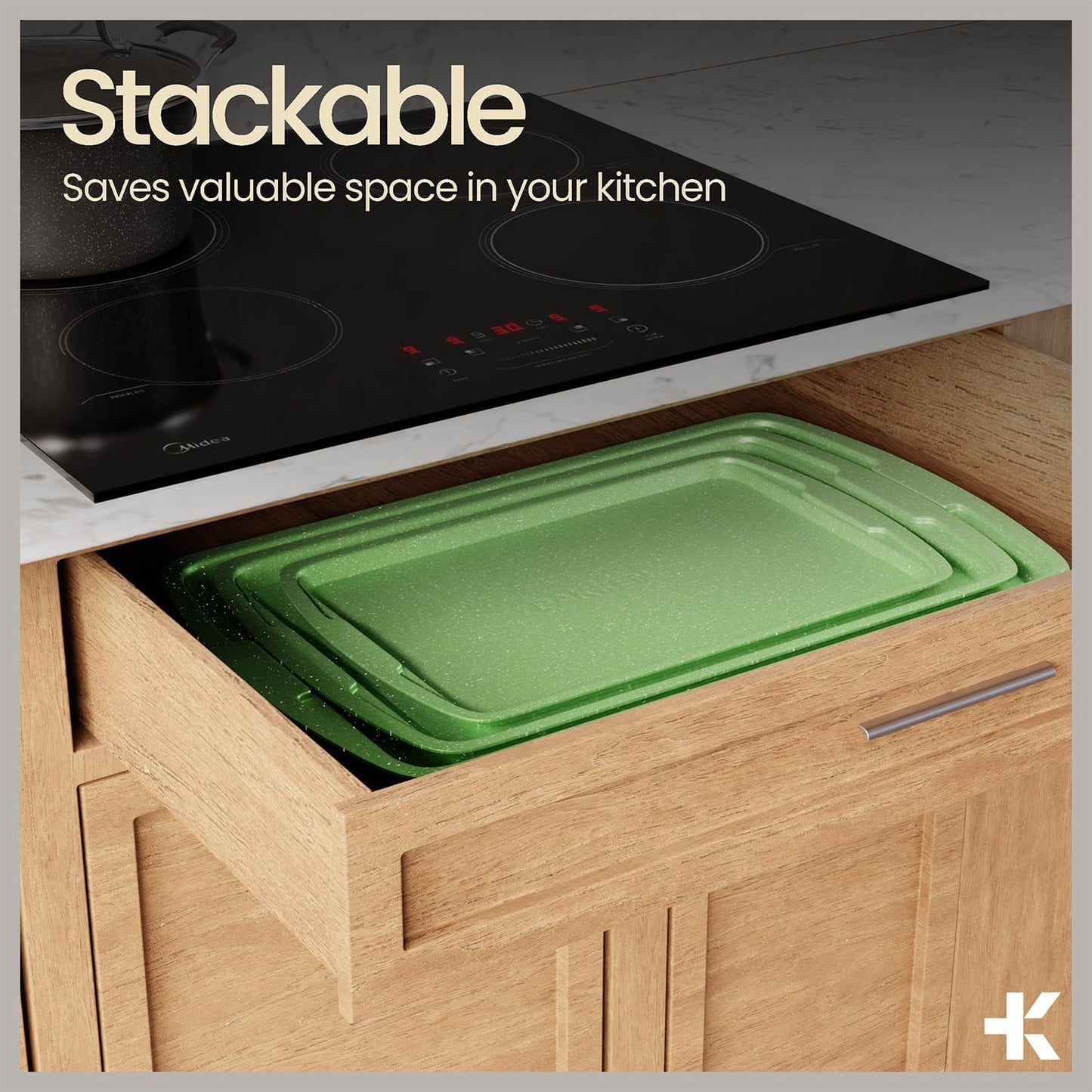 Green 10-Piece Bakeware Sets, Nonstick Carbon Steel Baking Sheet & Pans, Stackable Space-Saving Bakeware, Dishwasher Safe, Stain-resistant, PFOAPFOSPTFE Free, Oven Safe Up To 450°F (230°C)