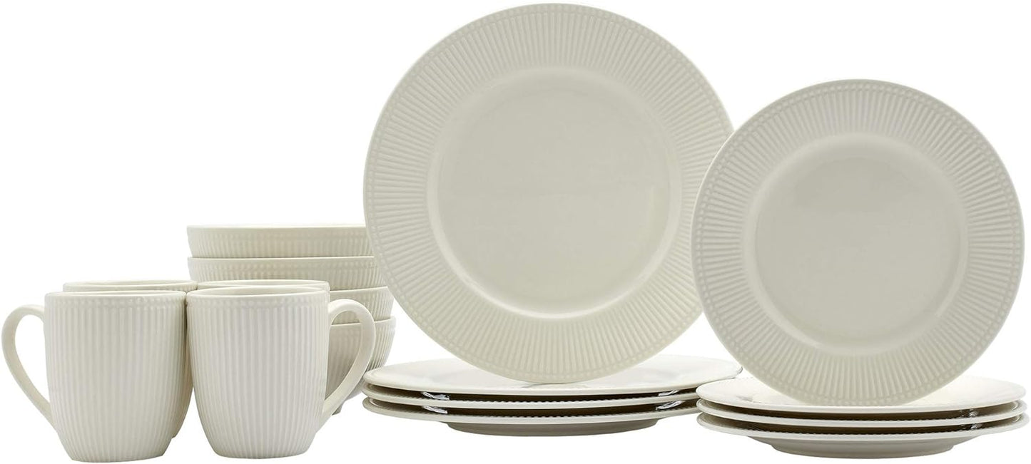 Tabletops Gallery Embossed Bone White Porcelain Round Dinnerware Collection- Chip Resistant Scratch Resistant, Fleur 16 Piece Dinnerware Set (Dinner Plate, Salad Plate, Cereal Bowl, Mug)