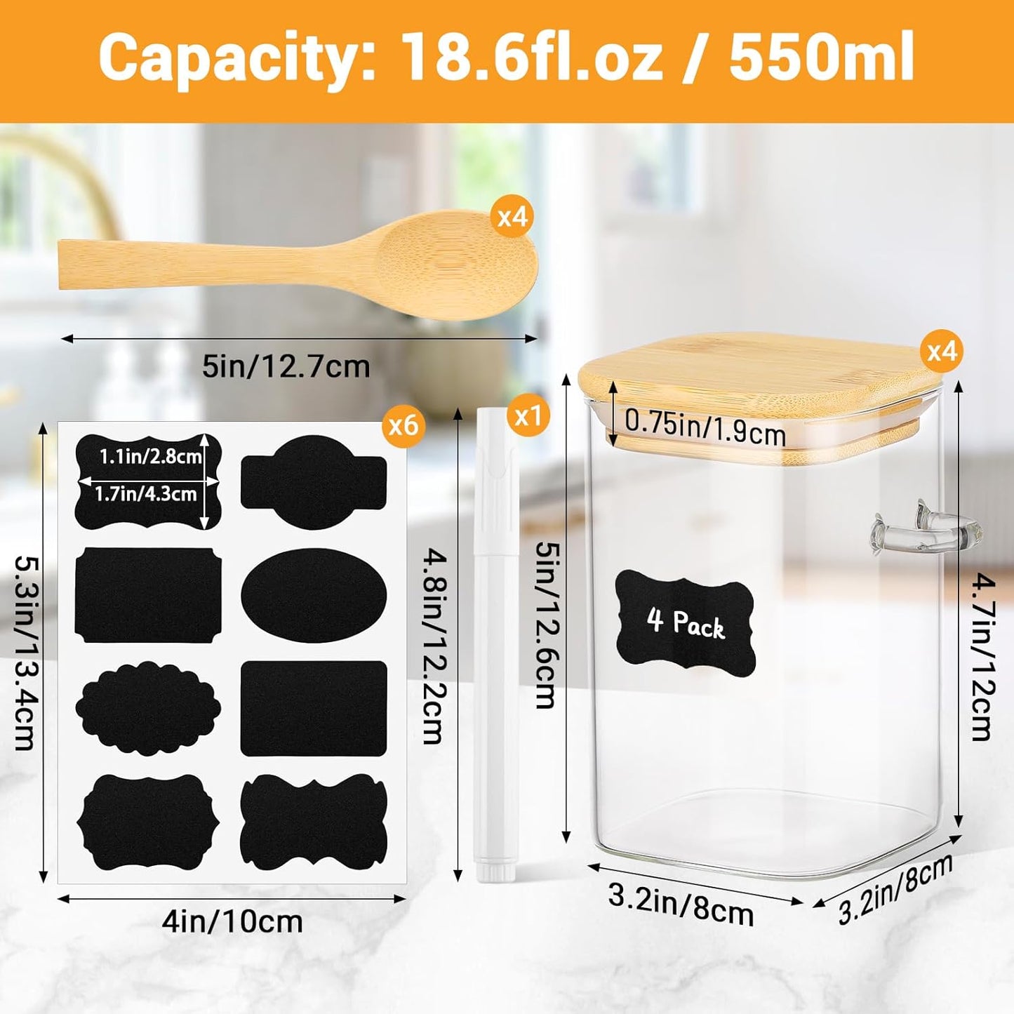 Glass Jars with Bamboo Lids and Spoon - 4 Pack 18 Fl.oz Square Glass Jars with Airtight Lid, Includes Labels and Marker, Pantry Storage Cointainer for Overnight Oat, Salad, Sugar Tea Canister