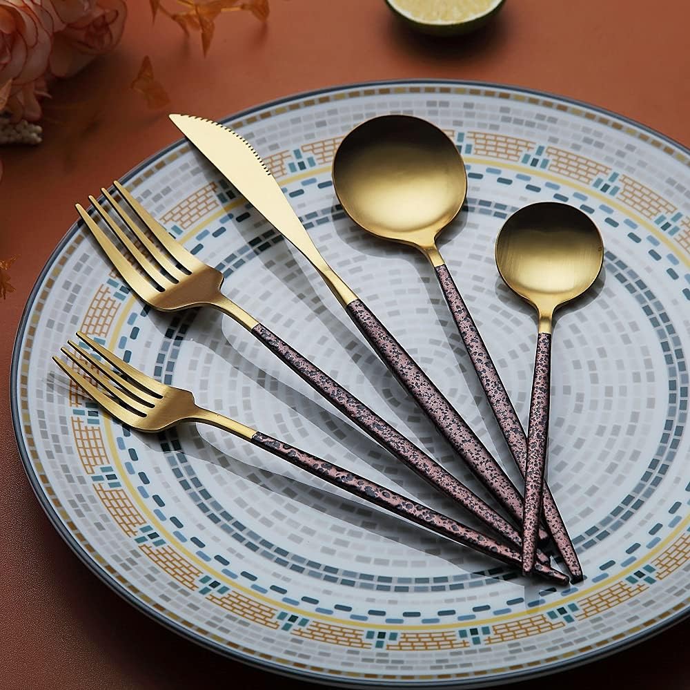 Silverware Set 40 Pieces, Moon Surface Handle And Matte Gold Head Flatware Set, Stainless Steel Cutlery Set, Utensil Sets, Service Set for 8