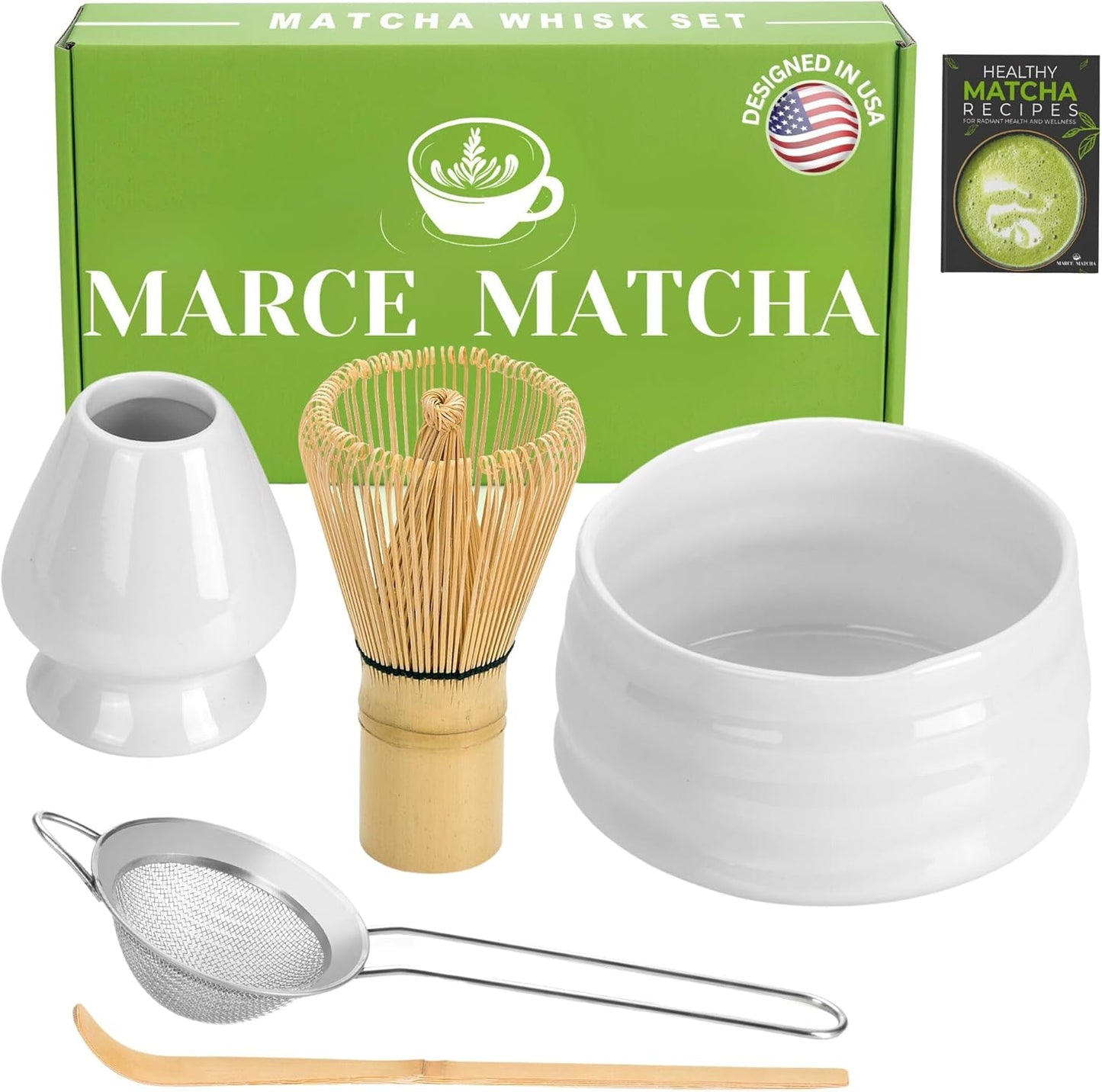 Matcha Whisk Set- Matcha Set includes Matcha Bowl, Sifter, Holder and Scoop- The Perfect Bamboo Whisk for Matcha Tea (White)
