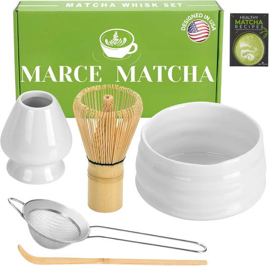 Matcha Whisk Set- Matcha Set includes Matcha Bowl, Sifter, Holder and Scoop- The Perfect Bamboo Whisk for Matcha Tea (White)