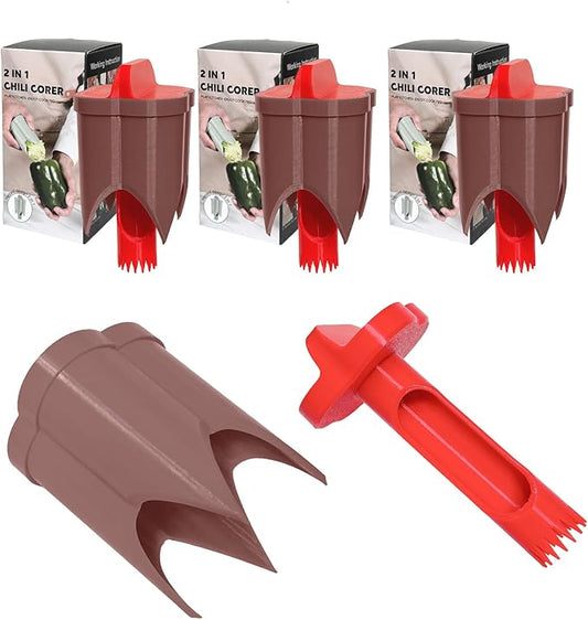 Pepper Corer, 2 in 1 Red Bell Pepper Seed Corer Remover Tool, Fruit & Vegetable Corers Quick Cave Tools for Jalapeno Cutter Deseeder, Red Brown, 3 PCS