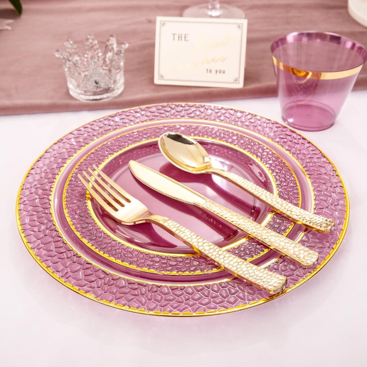 Nervure 150PCS Clear Purple Plastic Plates - Gold Party Plate - Purple and Gold Plate Include: 50 Plates, 25Cups, 25Forks, 25Knives, 25Spoons for Wedding & Party