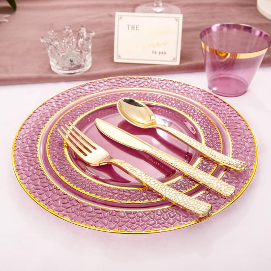 Nervure 150PCS Clear Purple Plastic Plates - Gold Party Plate - Purple and Gold Plate Include: 50 Plates, 25Cups, 25Forks, 25Knives, 25Spoons for Wedding & Party