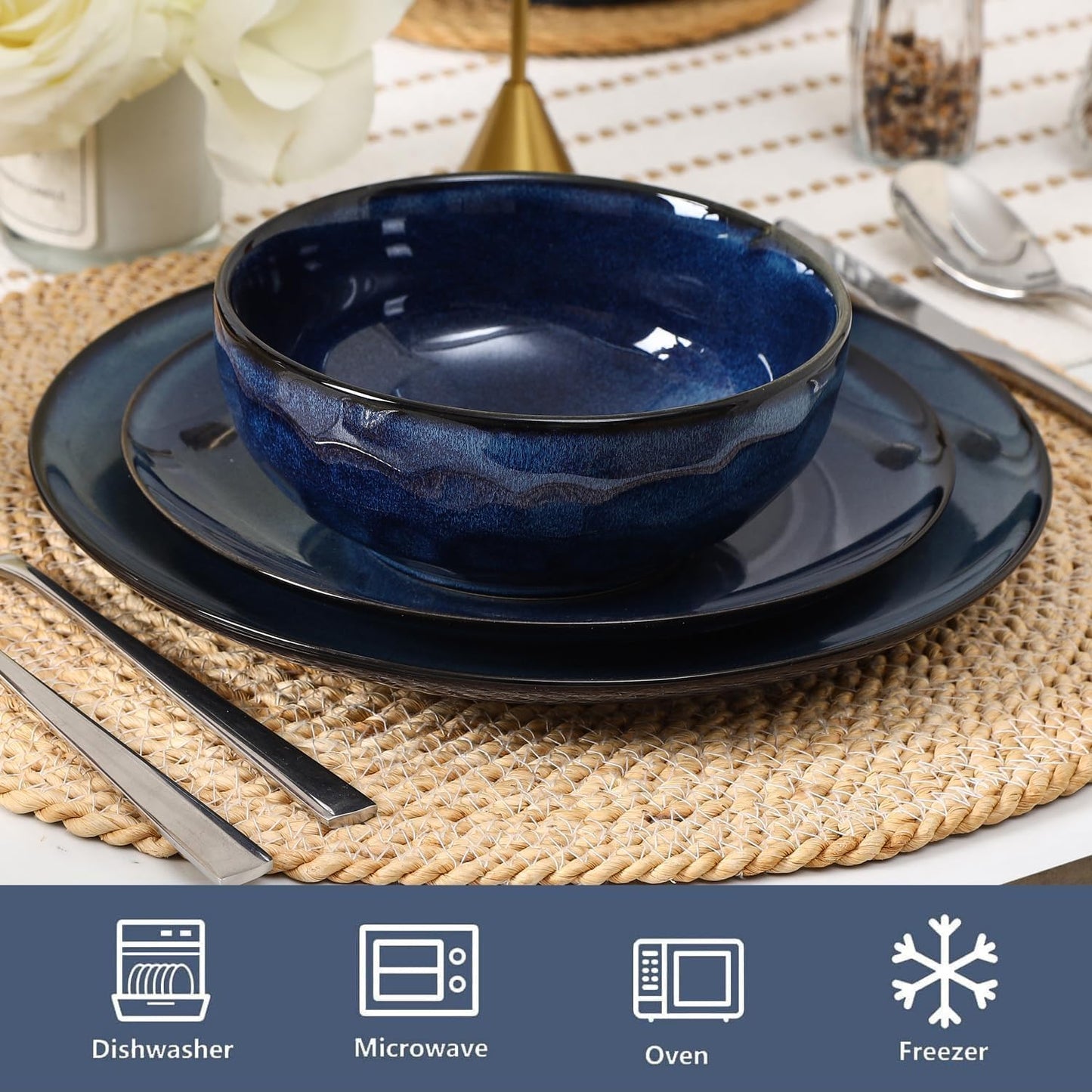 Vicrays 12-Piece Ceramic Dinnerware Set, Dinner Plates, Salad Plates & Cereal Bowls, Dish Set for 4, Microwave, Oven & Dishwasher Safe, Scratch Resistant, Blue