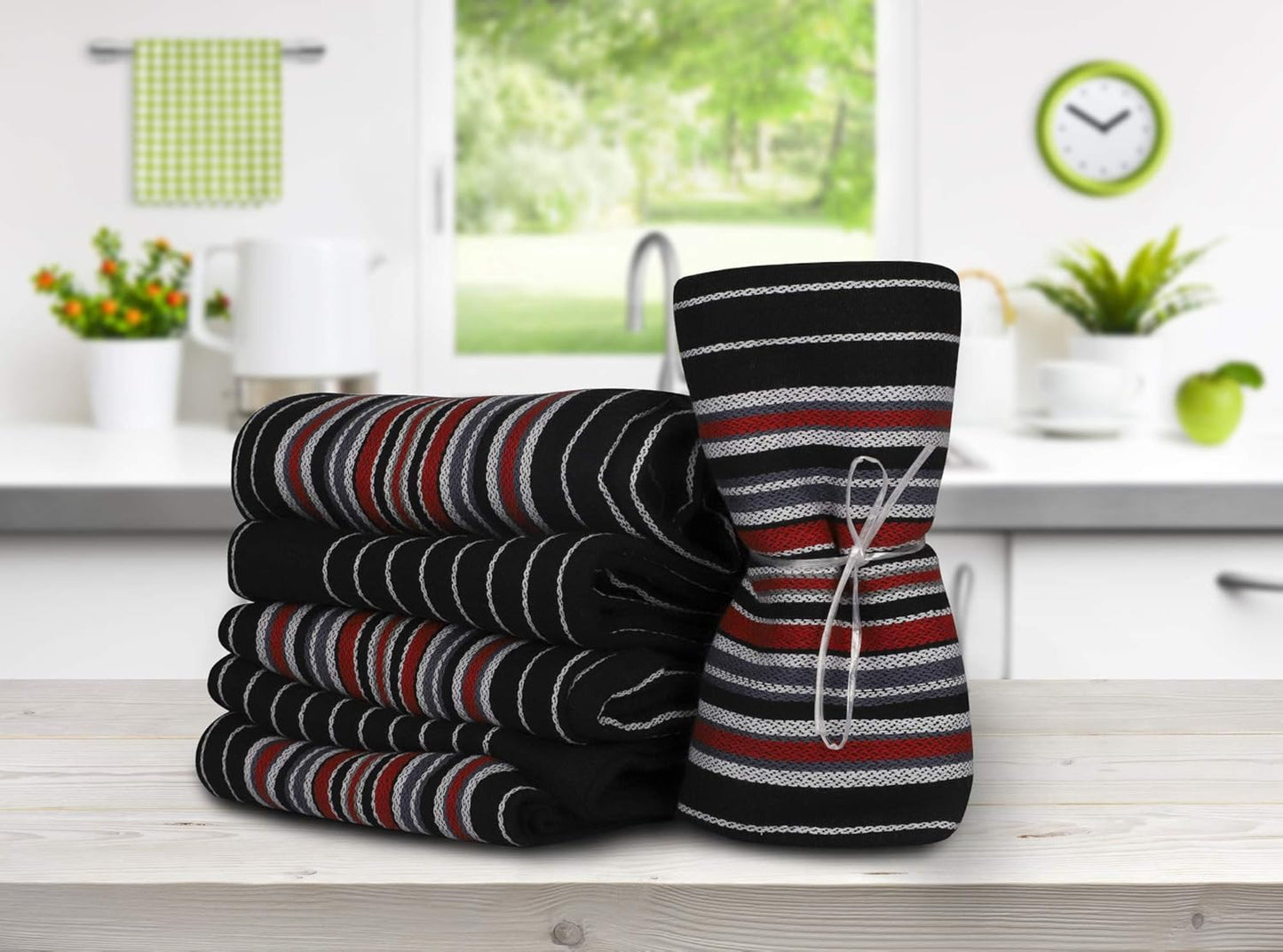 Urban Villa Kitchen Towels Waffle Stripes Dish Towels for Kitchen Black Color Set of 6 Kitchen Towels Highly Absorbent Cotton Over Sized 20X30 in with Mitered Corners Kitchen Hand Tea Towels