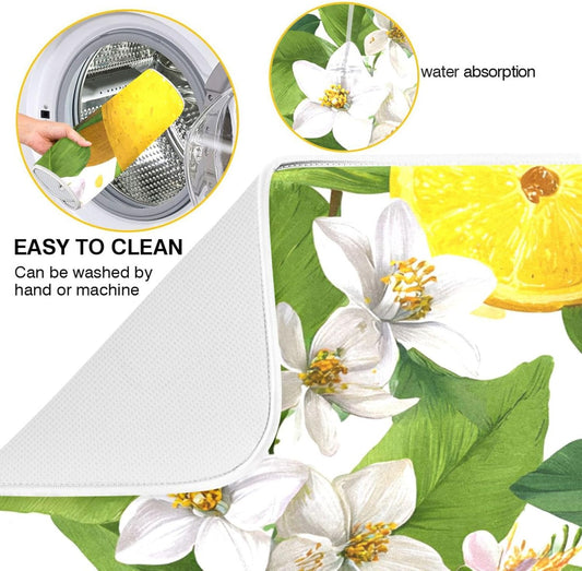 Yellow Lemon and White Flower Dish Drying Mat Super Absorbent Drying Mat 18x24 inch Large Dish Drying Mats for Kitchen Counter Dish Drying Pads Kitchen Drying Matt for Countertop