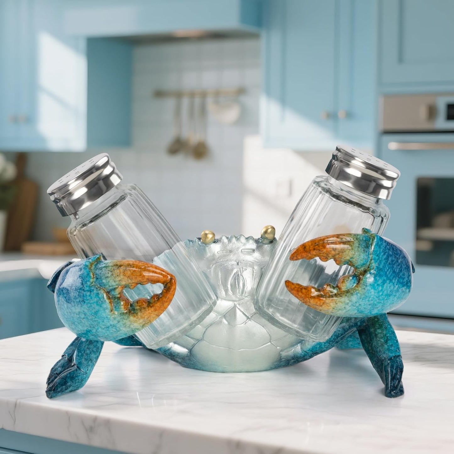 Decorative Blue Crab Salt and Pepper Shaker Holder, Coastal Kitchen Decor (Crab)