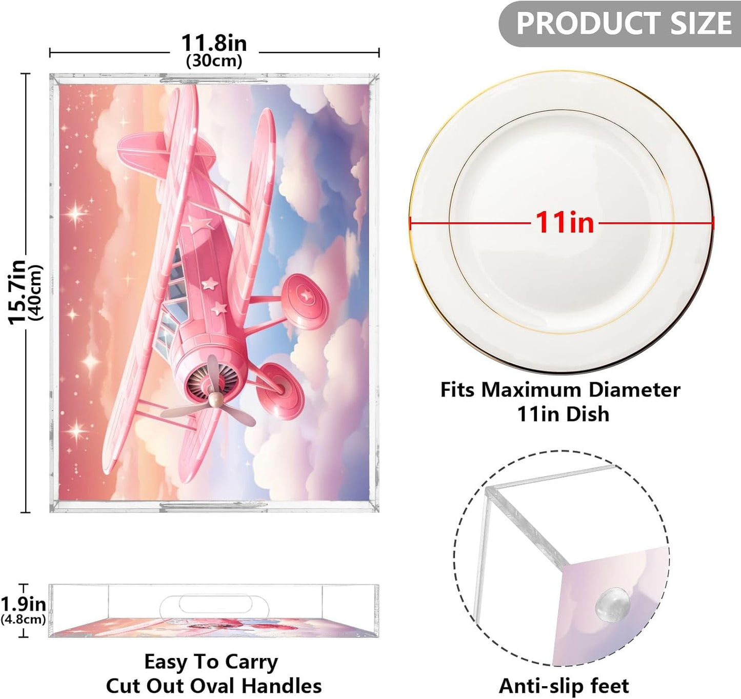 Plastic Food Serving Tray Decorative Vanity Trays for Bathroom Cartoon Aircraft Coffee Table Kitchen Counter 11.8 * 15.7in