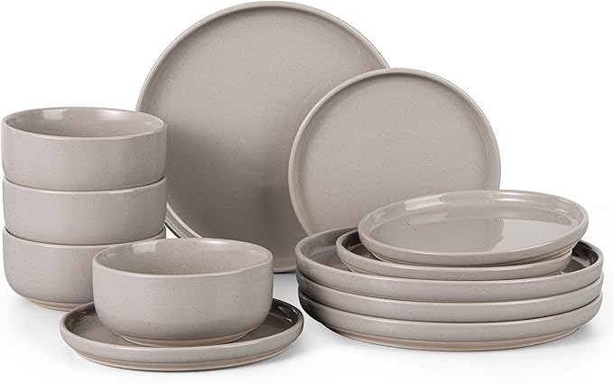 HaWare Stoneware Dinnerware Sets, 12-Piece Plates and Bowls Set for 4, Dishes Set for Home Restaurant, Speckled Cream Coffee