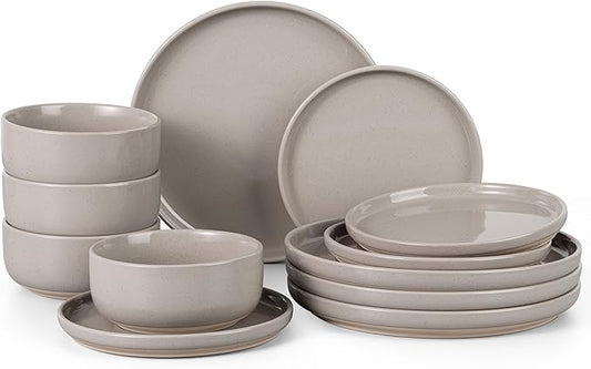 HaWare Stoneware Dinnerware Sets, 12-Piece Plates and Bowls Set for 4, Dishes Set for Home Restaurant, Speckled Cream Coffee