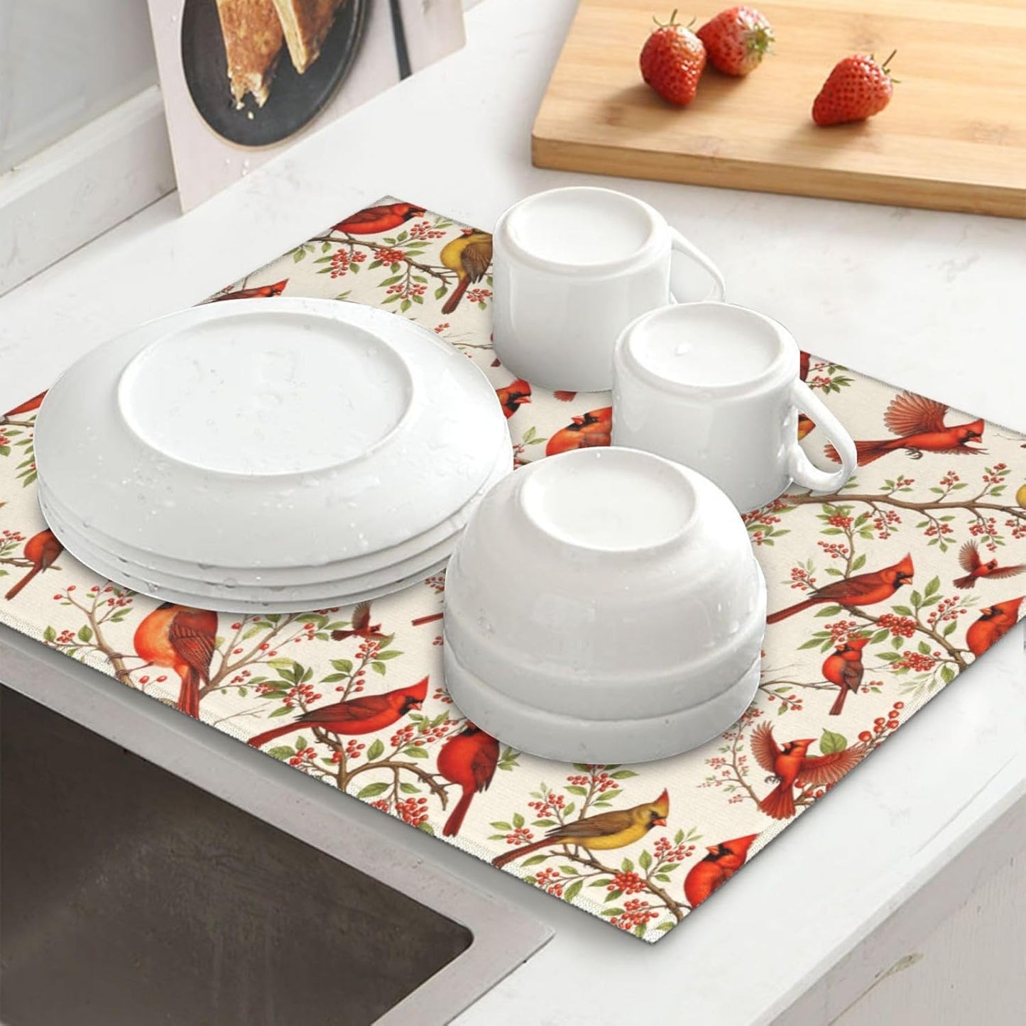 Red Cardinal Bird Floral Dish Drying Mat for Kitchen Counter & Sink, Absorbent Microfiber Christmas Cardinal Drying Pad for Dishes, Foldable Kitchen Mat for Dining Area, Christmas Gifts, 16" x 18" Red