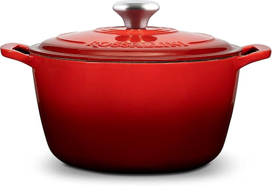 Signature Enameled Cast Iron Dutch Oven, Non-Stick Serving Pot with Tight Fitting Lid for Perfect Roasting, Baking, Sauteing, and Bread Making | 5.5Q (5.2L) - Red