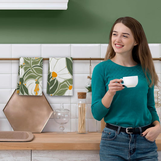 Abstract Boho Floral Kitchen Towels, Sage Green House Hand Towel Set of 2, Vintage Gifts for Home Bathroom Holiday Decor - A01