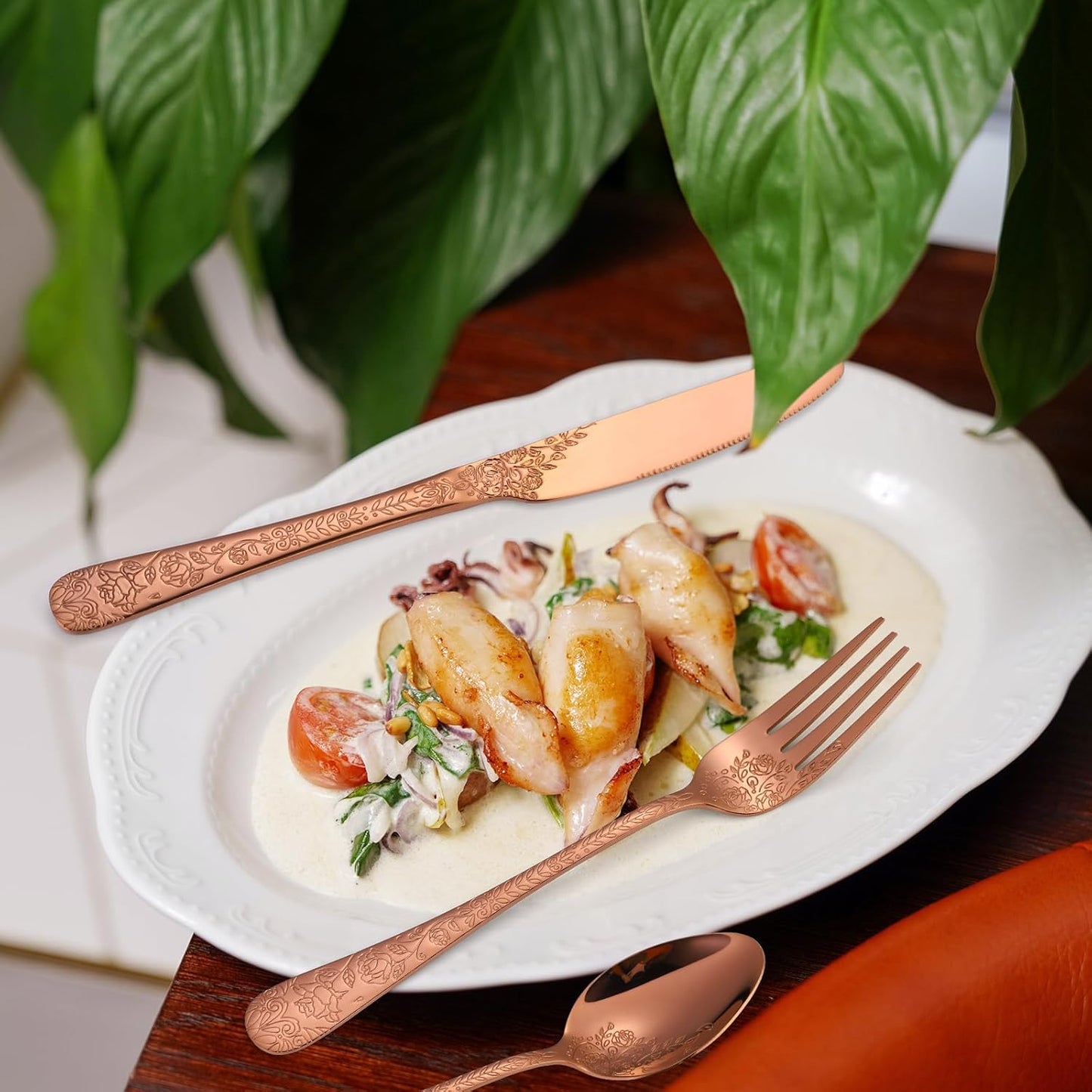 Vintage Flatware Copper/Rose Gold Floral Silverware 30 Piece Stainless Steel Set for 6 Cutlery Utensils Unique Embossed Pattern Design Elegant Home Kitchen Restaurant Festival Parties…