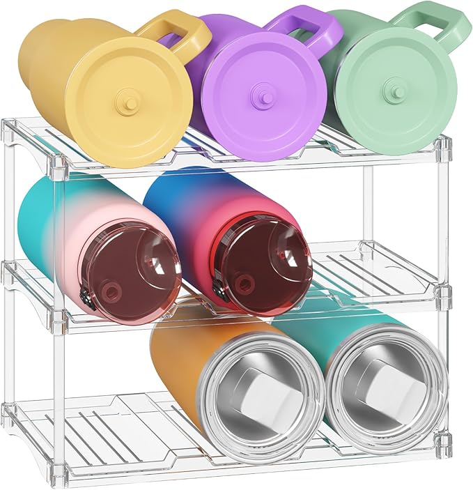 Lifewit Stackable Water Bottle Storage Organizer, Clear Freestanding Wine Bottle Holder for Cabinet, Tumbler Cup Organizer, Plastic Large Compartment Wine Rack for Fridge Cellar, 3Tier Hold 9