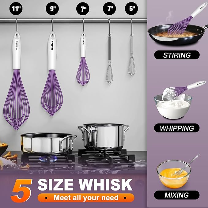 Walfos Whisk,Silicone Whisk Heat Resistant (480°F) Kitchen Whisks set of 5.Non Scratch Coated Whisks for Nonstick Cookware,Egg Wisk Premium for Blending,Whisking,Beating,Frothing. (Purple)