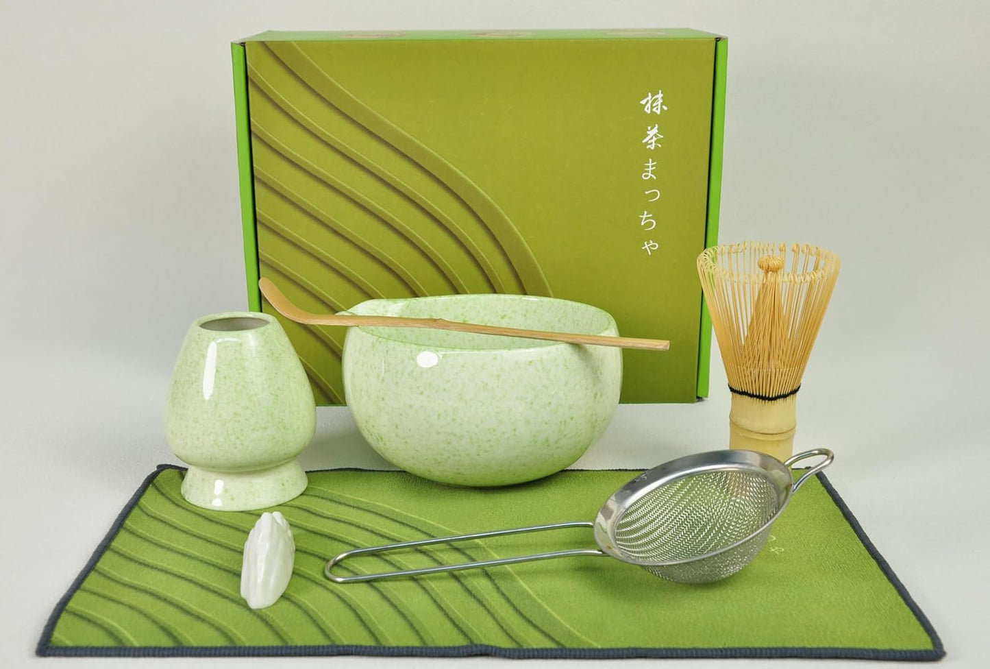 Matcha Set, Ceramic Matcha Kit Set with Matcha Bowl, Matcha Whisk Chasen and Whisk Holder, Sifter, Bamboo Scoop, Scoop Rest and Tea Towel-7 Pcs Matcha Kit for Matcha Lovers, Green