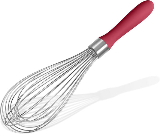 18/8 Stainless Steel Balloon Whisk, Doosu Kitchen Whisk for Cooking Handheld Egg Beater with Rust-Proof Sturdy Wires & Non-Slip Silicone Handle for Beating, Stirring, Blending (12 Wires, Red)