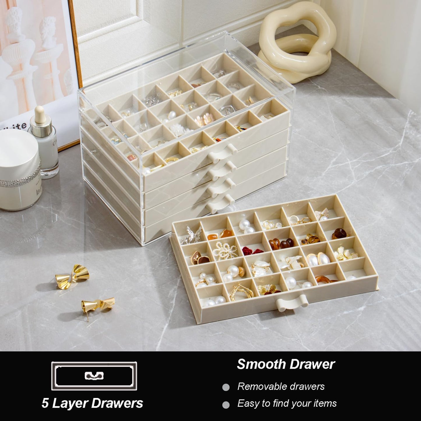 Earring Storage Box Organizer, Acrylic Jewelry Storage Box Holder 5 Drawers Transparent Jewelry Display Stand with 120 Small Compartments Gift Boxes for Women Girls (Beige)