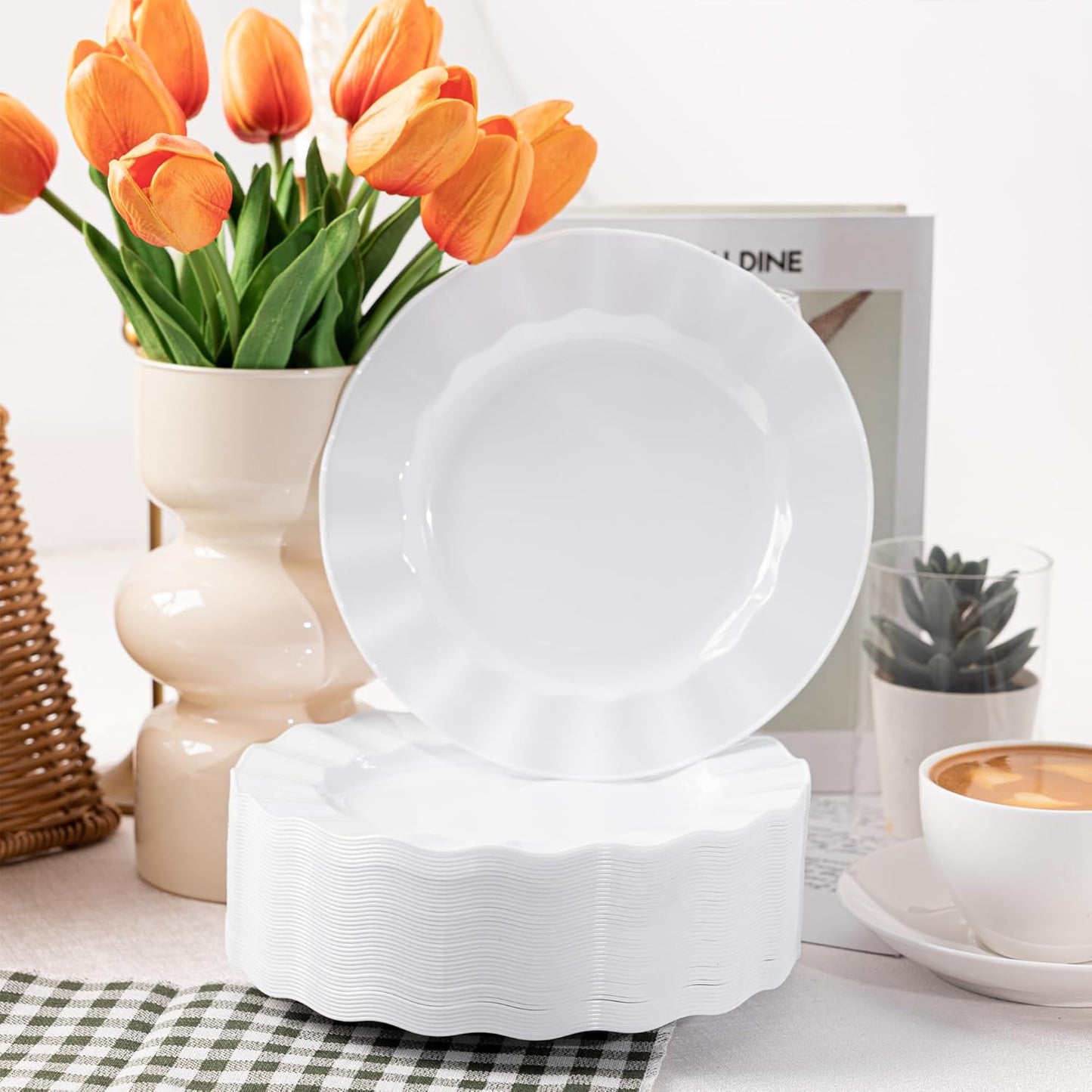 72 Pack White Plastic Plates, 7" Disposable Wave Salad/Dessert Plates Elegant Heavy Duty Plate for Party, Wedding, Thanksgiving, Christmas