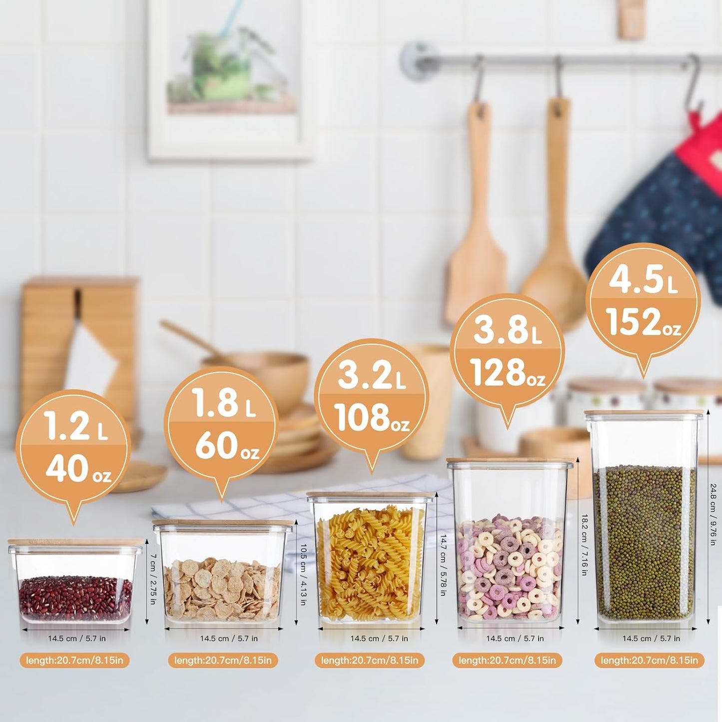 Large Capacity Plastic Food Storage Containers with Bamboo Lid - Moisture-proof Sealing Box Jars with Wooden Lids for Kitchen Storage (152 OZ- XL)