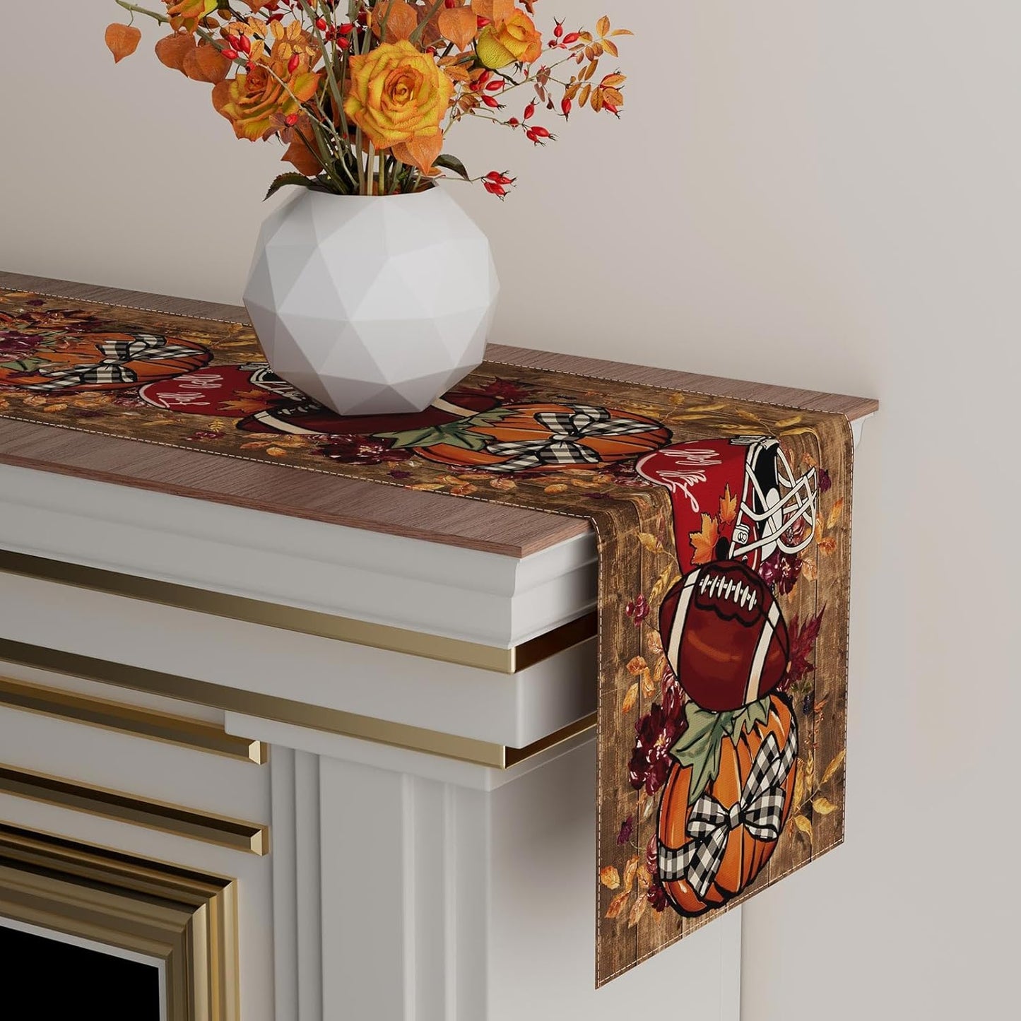 XCHI Fall Football Pumpkin Wood Table Runner Table Decoration for Kitchen Dining Dinner Autumn Home Decor 13x120 Inch