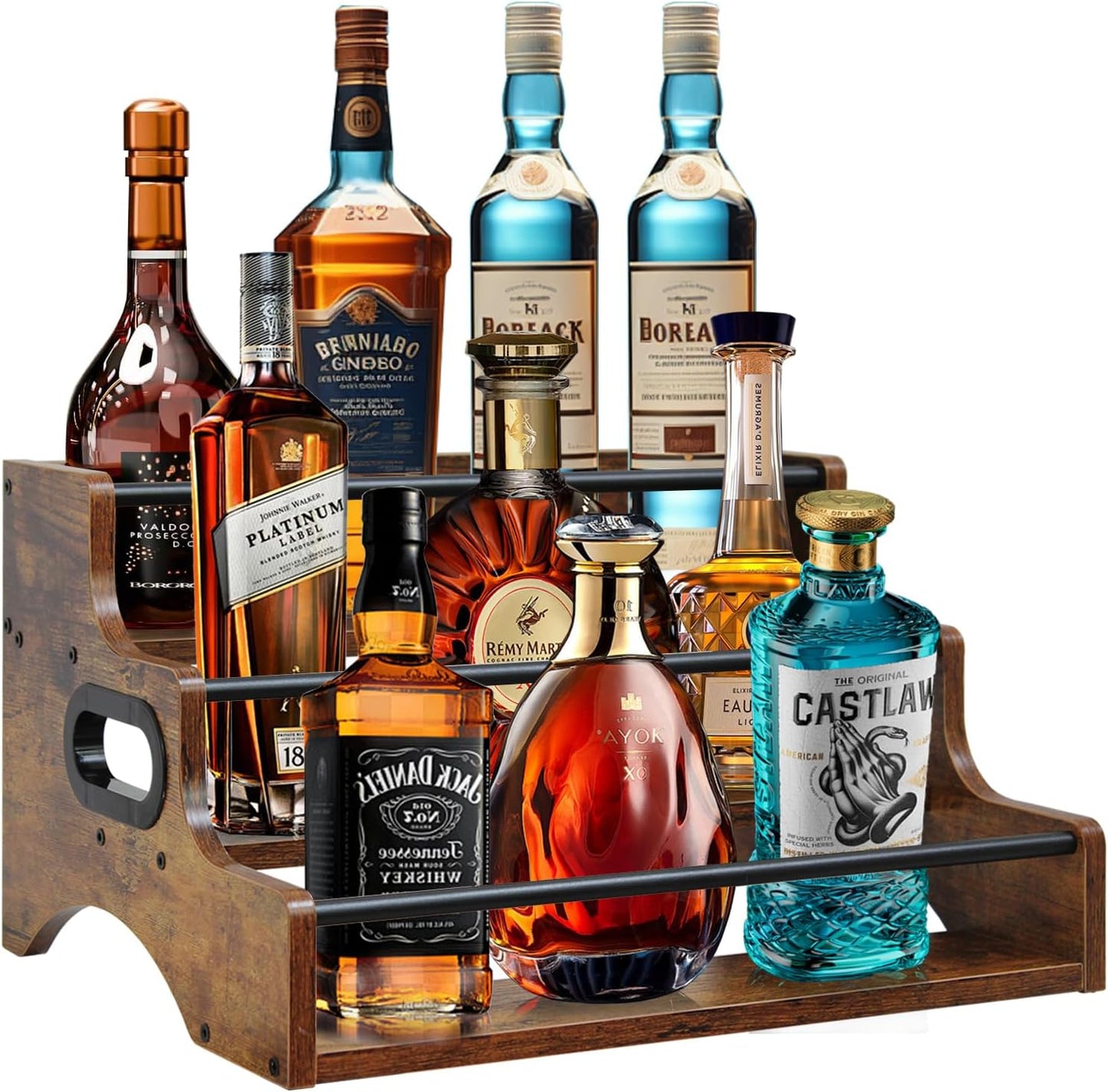 AT-VALY 3-Tier Countertop Wine Rack, Iron&MDF Kitchen Storage Shelf, Space-Saving Countertop Organizer for Spices, Herbs, Seasonings, Sturdy Stylish Condiment Holder(Rustic Brown)