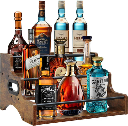 AT-VALY 3-Tier Countertop Wine Rack, Iron&MDF Kitchen Storage Shelf, Space-Saving Countertop Organizer for Spices, Herbs, Seasonings, Sturdy Stylish Condiment Holder(Rustic Brown)