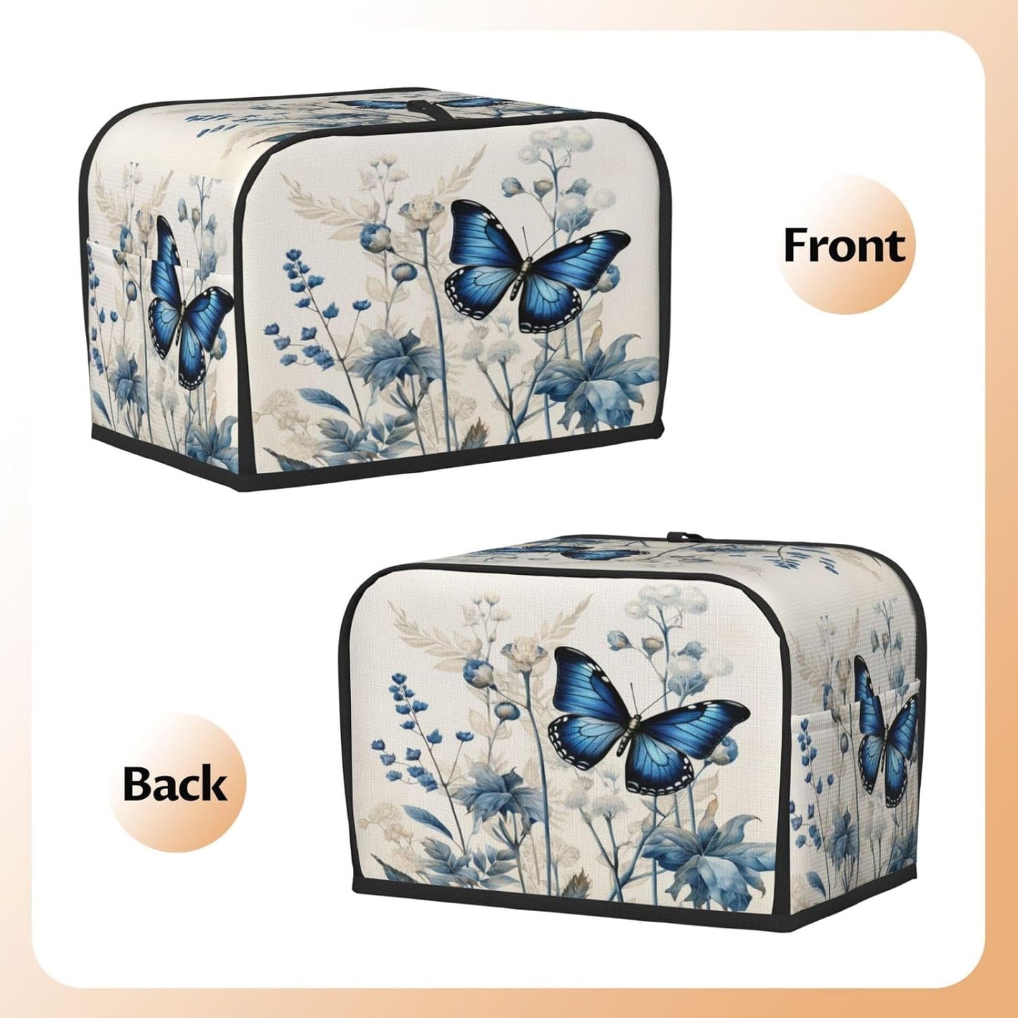 Toaster Cover 2 Slice Butterfly Blue Flower Boho Kitchen Small Appliance Covers with Pockets Dust and Fingerprint Protection