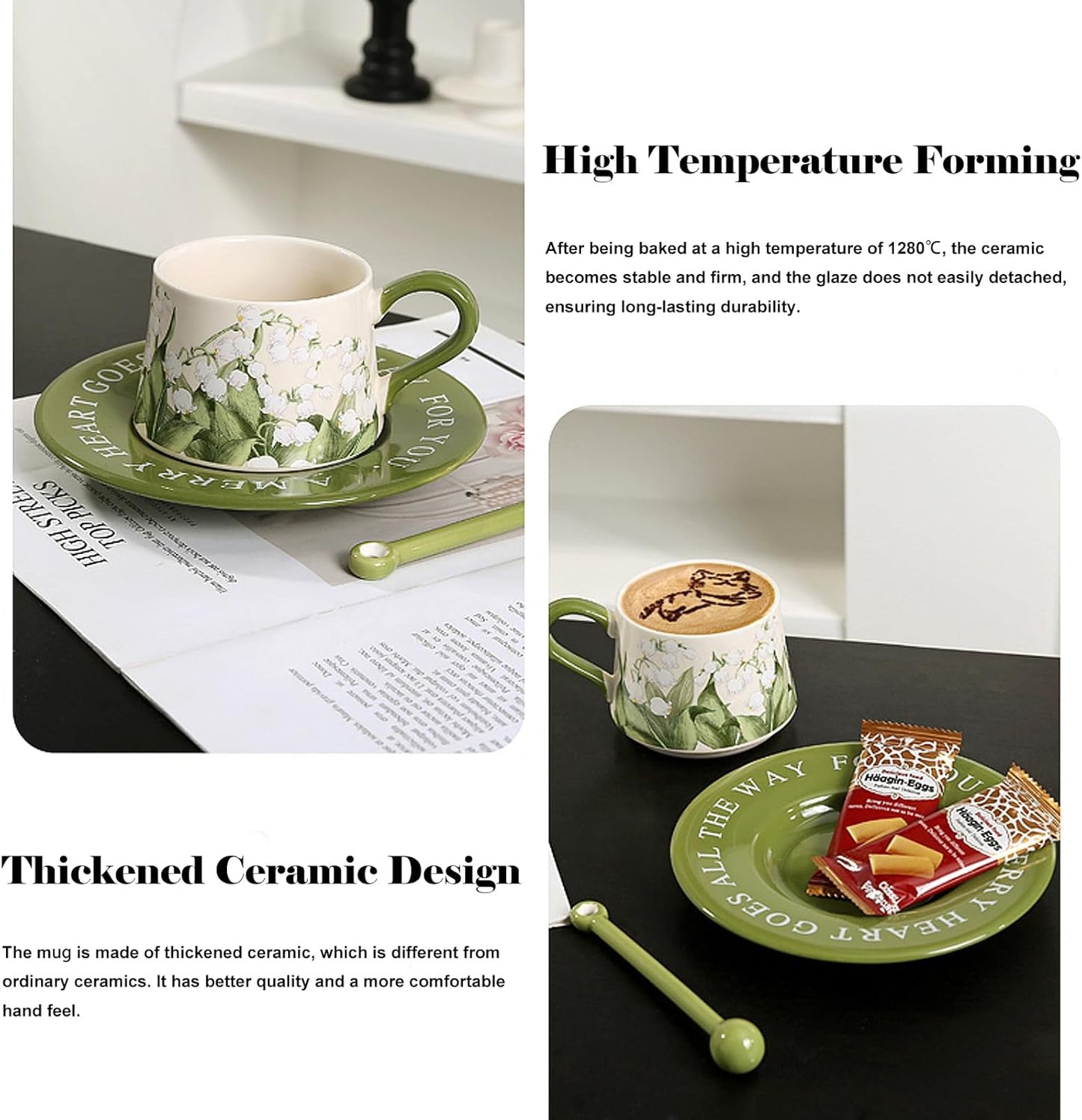 9oz Vintage Floral Pattern Coffee Mug Set, Friendship Gifts Birthday Gifts for Women, Thickened Ceramic Cup for Cappuccino, Latte, Cocoa, Dishwasher Safe and Microwave Safe Tea Cup and Saucer