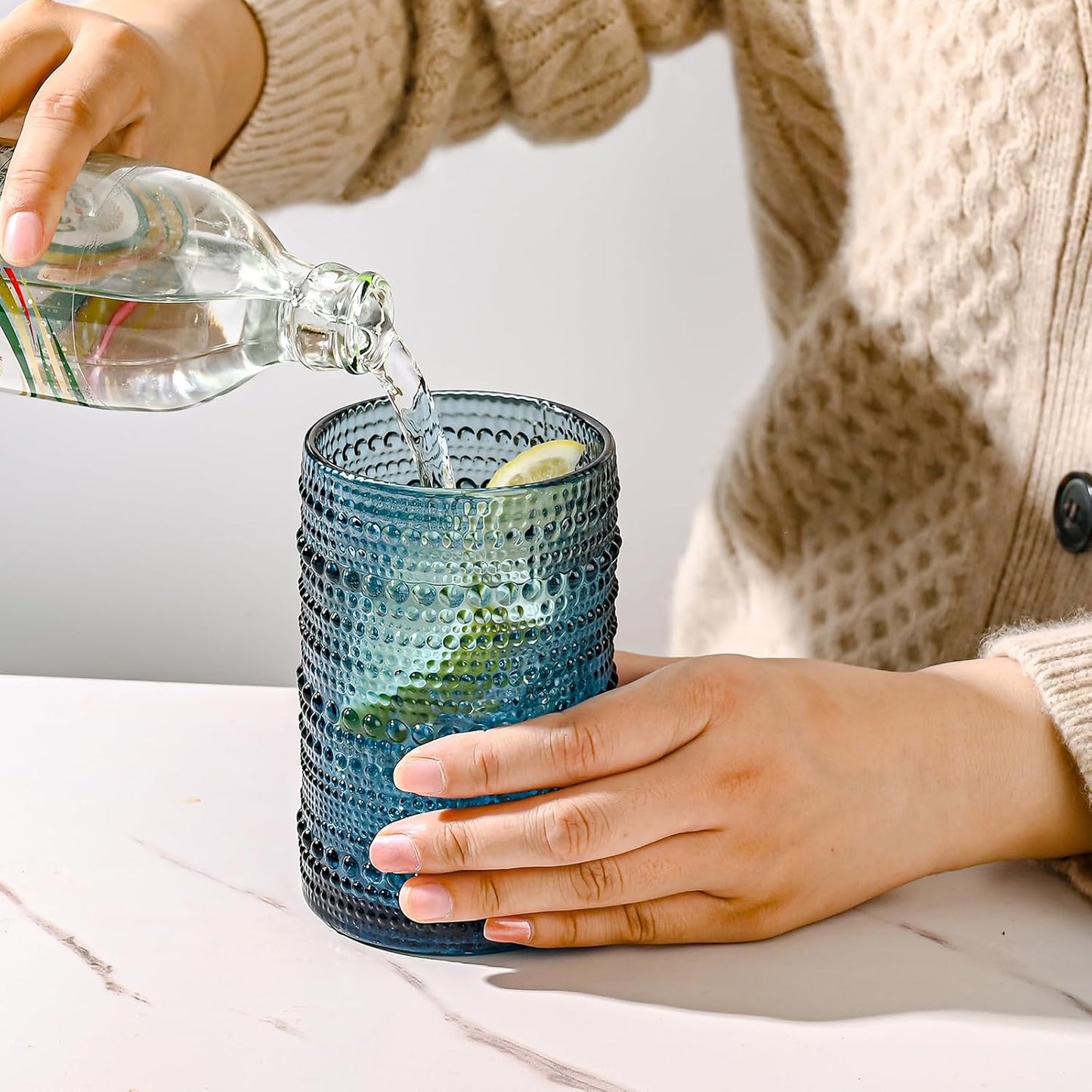 Vintage Glassware Drinking Glasses Set of 12,Blue 12oz & 15oz Hobnail Glass Cups,Embossed Water Tumbler,for Beer,Cocktail,Whiskey,Juice and Various Mixed Drinks- 1 Cleaning Brush
