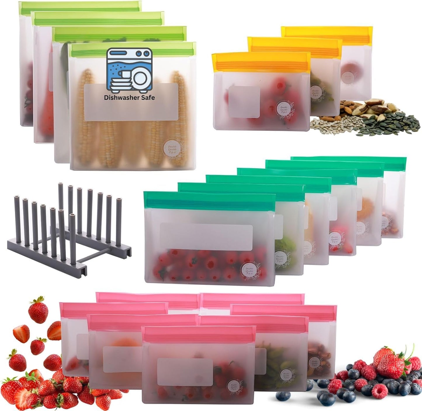 Reusable Food Storage Bags – 21-Pack Stand-Up, BPA-Free, Freezer, Dishwasher Safe & Eco-Friendly – 4 Gal, 6 L, 7 M, 3 S + Rack – Airtight Leakproof, Organization and Storage Bags (Multicolor)
