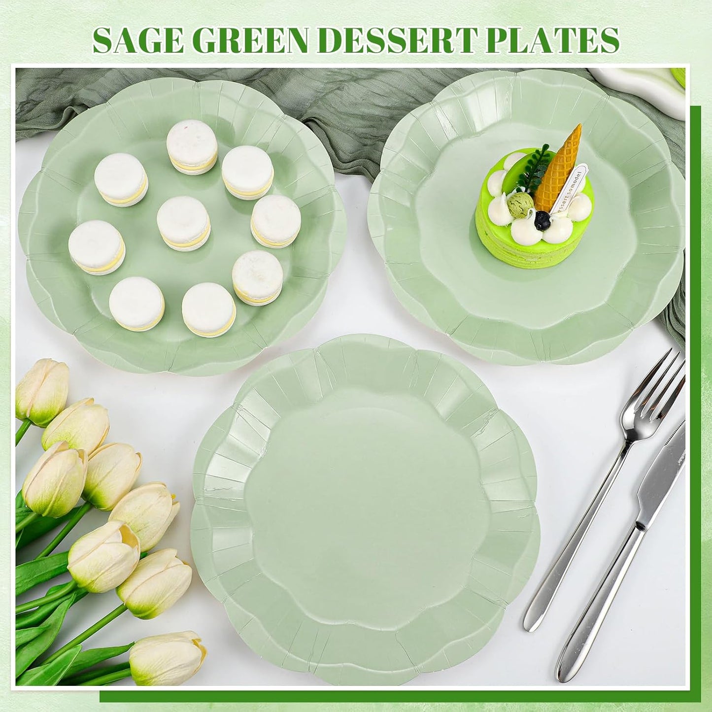 30pcs Sage Green Paper Plates, 7inch Scalloped Sage Green Dessert Cake Plates Cute Party Plate Disposable Greens Party Supplies for Wedding, Baby Bridal Shower, Birthday