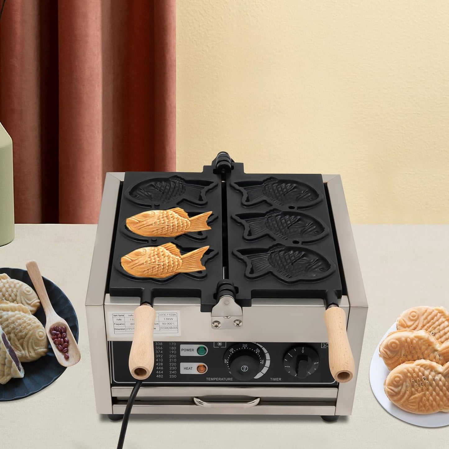 3Pcs Commercial Taiyaki Fish Waffle Maker 1500W Electric Nonstick Fish-Shaped Waffle Baker Machine for Family, Restaurants, Food Stores