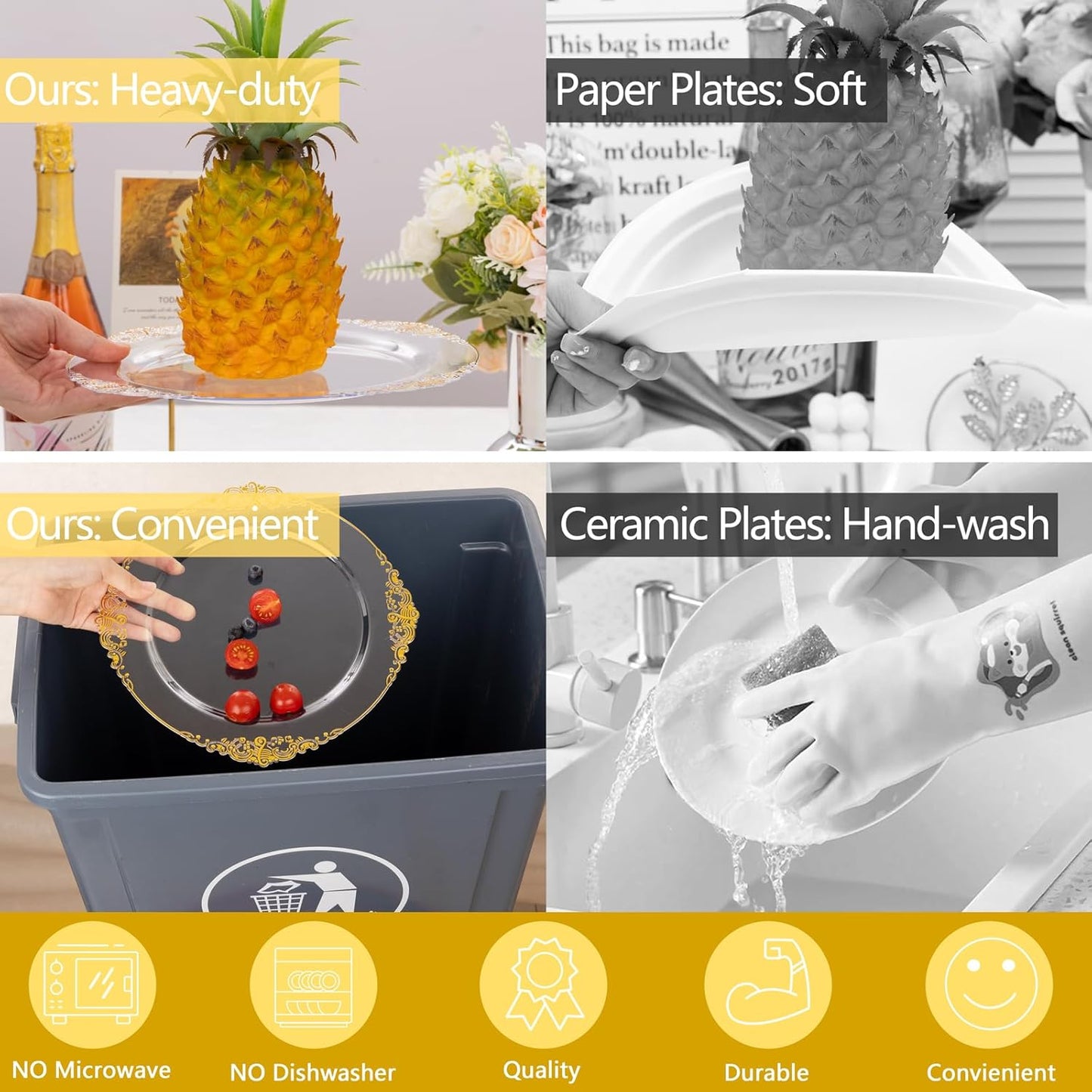 Hioasis 350pcs Clear and Gold Plastic Plates - Elegant Disposable Dinnerware Set Suitable for 50 Guests Include 10.25" Dinner & 7.5" Dessert Plates, Pre Rolled Silverware Set, Cups for Party & Wedding