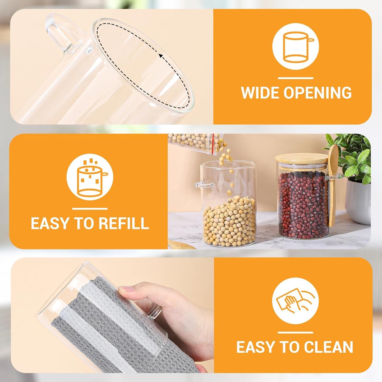 Glass Containers with Bamboo Lids and Spoon - 2 Pack 18 Fl.oz Glass Jar with Airtight Lids Set, Includes Labels and Marker, Pantry Storage Jars for Tea, Sugar, Coffee Bean, Cookie, Salad, Nuts