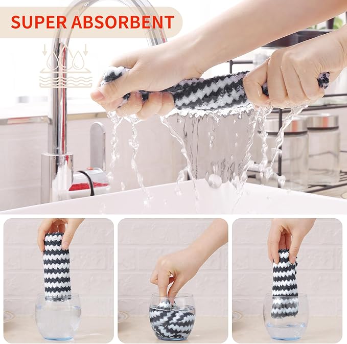 Homaxy Kitchen Towels(24 Pack, 10 x 20 inches), Ultra Soft and Absorbent Dish Towels, Reusable Fast Drying Microfiber Cleaning Cloth, Coral Velvet Wave Design No-lint, Dark Grey