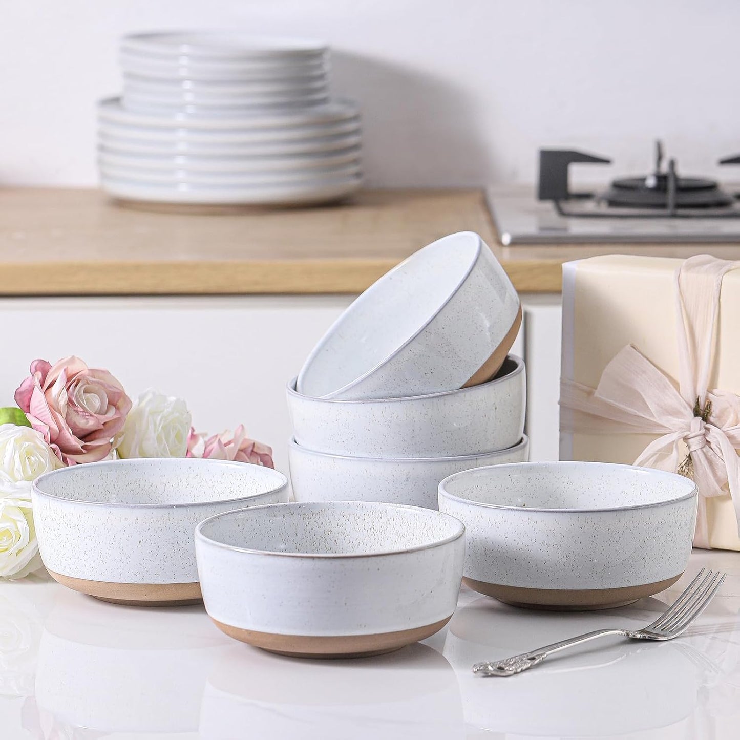 Hasense 30 OZ Cereal Bowls Set of 6, Stoneware Soup Bowls for Kitchen, 6 Inch Ceramic Bowls Microwave and Dishwasher Safe for Rice, Oatmeal, Noodle, Ramen, Salad, Fruit and Pasta, White