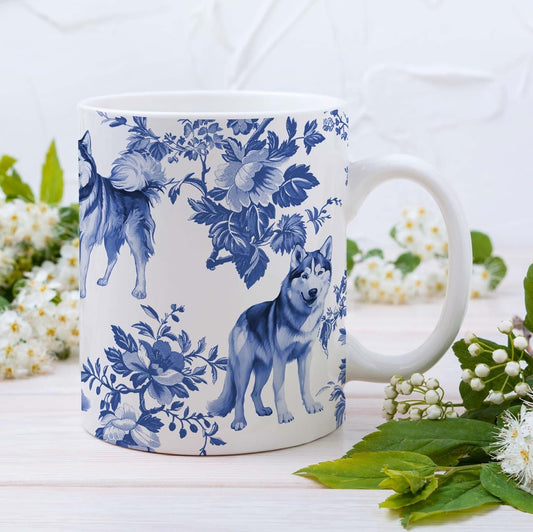 Husky Blue French Toile Mug, Huskies Lover Gifts for Women, Blue Chinoiserie Toile Coffee Cup for Husky Mom, Dog Lovers Tea Coffee Mug Birthday Gifts for Dog Owners, 11oz