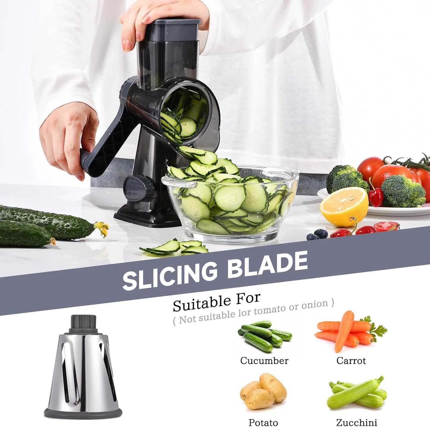 Rotary Cheese Grater with Handle Kitchen Shredder Slicer Grater Slicer Ice Shaver Cheese Vegetable Nuts Potato Zucchini Chocolate 3 Interchangeable Blades (Grey TSP)