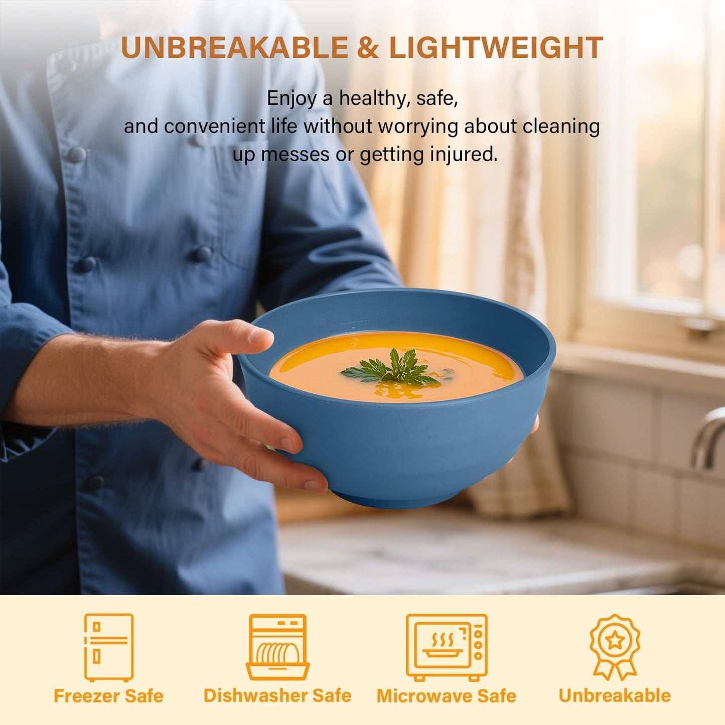 Homienly Wheat Straw Bowls, 60 OZ Salad Bowls,Large Serving Bowls Set of 8, Unbreakable Big Bowl for Kitchen,Ramen,Cereal,Salad,Serving Reusable, Microwave and Dishwasher Safe Bowl-Blue