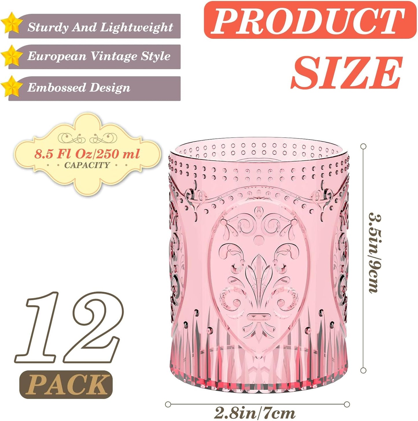 12 Plastic Vintage Drinking Glasses 8.5oz Stemless Retro Embossed Wine Glasses Shatterproof Reusable Cups for Baby Shower Wedding Reception Grand Event Party (Pink)
