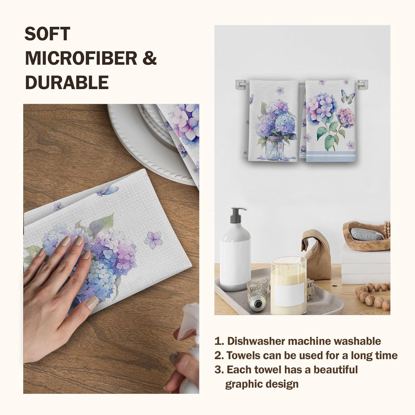 Hydrangea Kitchen Towels, Butterfly House Hand Towel Set of 2, Summer Flowers Gifts for Home Bathroom Holiday Decor - A05